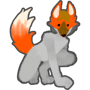 A creature crouching down with one paw up and one paw down, they have a grey body, a red fox mask on their face, and a fluffy orange tail.